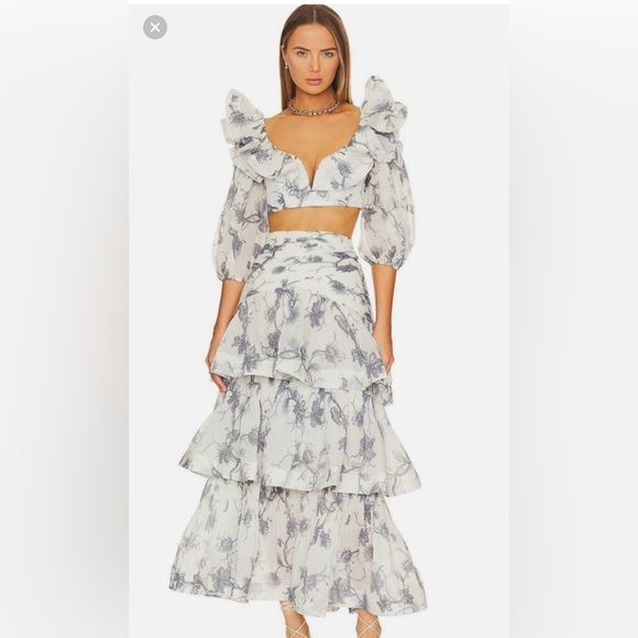 Floral Tiered Skirt & TOP- White and BLUE